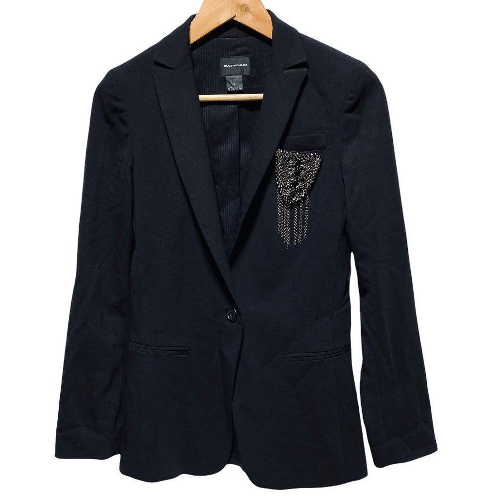 𝅺club Monaco Blazer with Varsity Jewelled Brooch Black